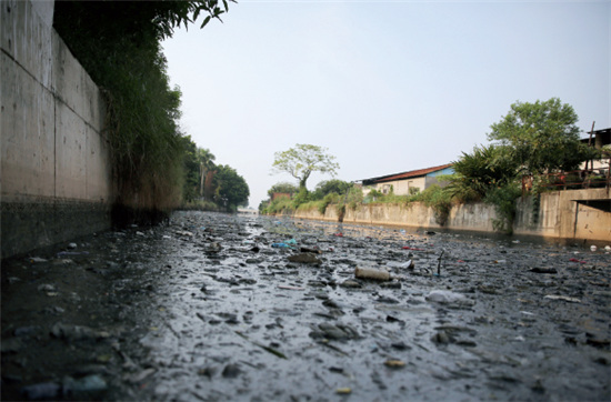p53-2 2015 年10 月19 日，广东中山沙溪镇六乡涌水质黑臭，生活垃圾漂满河面。图片来源：CFP IC