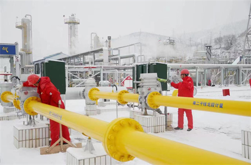 11月6日，陜西靖邊突降大雪，長慶油田采氣一廠第三凈化廠兩名員工冒著風雪對儀器儀表進行檢查。黃陳晨 攝
