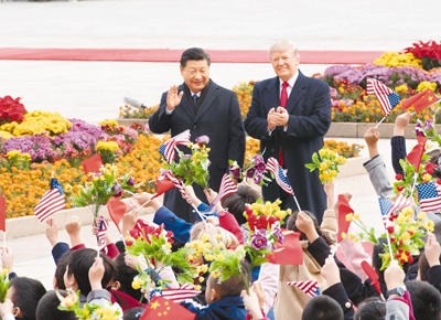 11月9日，国家主席习近平在北京人民大会堂东门外广场举行欢迎仪式，欢迎美利坚合众国总统唐纳德·特朗普对中国进行国事访问。