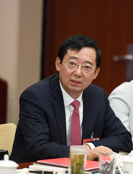 全国人大代表、中铁四局集团有限公司总经理王传霖在讨论政府工作报告时发言。_副本