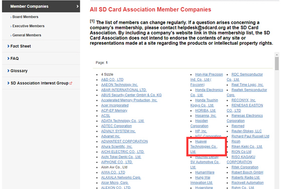 SD存储卡协会官网上，成员名单中重新出现了华为公司的名字