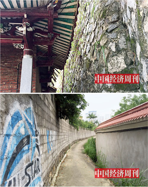 p19上图：围墙之下，月峰寺的房舍空间逼仄。下图：黄志贤所建的左侧围墙，导致通向寺院的道路最窄处只有一米多宽。《中国经济周刊》记者 胡巍| 摄