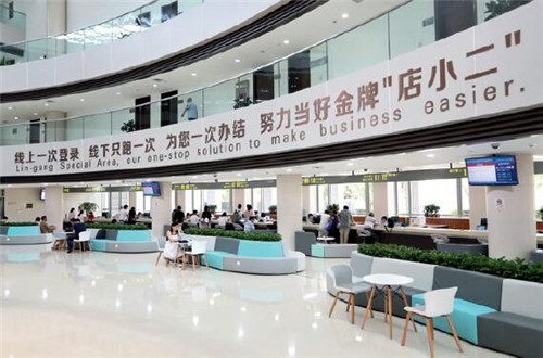 p76-上海自贸区临港新片区行政服务中心以金牌“店小二”的崭新身份为企业、市民提供服务。中新社