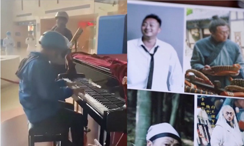 2左图：李瑞丰送完单在医院弹钢琴；右图：李瑞丰拍戏时的剧照