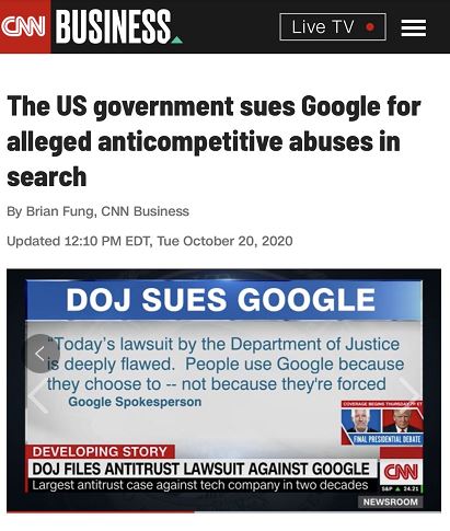 谷歌发言人：“司法部的诉讼存在严重的缺陷。人们使用谷歌是因为他们选择了谷歌，而不是因为被迫。” 图片来自CNN