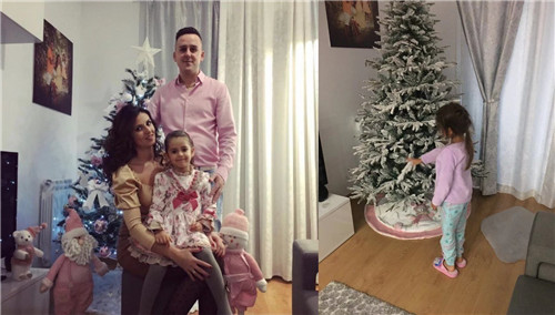 左：西班牙主妇Bianca和家人在旧圣诞树前的合影；右：在速卖通上购买的圣诞树已经从中国送到Bianca家中，她的女儿非常喜欢。