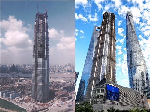 左图为1997年7月25日工地全貌 ，右图为近期实景。如今金茂大厦已成为促进陆家嘴金融贸易区开发开放的标志性载体。