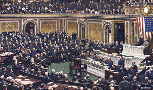 19 1917年第一次世界大战期间，伍德罗·威尔逊总统向国会发表讲话，向德国宣战。